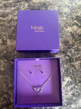 Silver Heart Necklace and Stud Earrings - Purple
